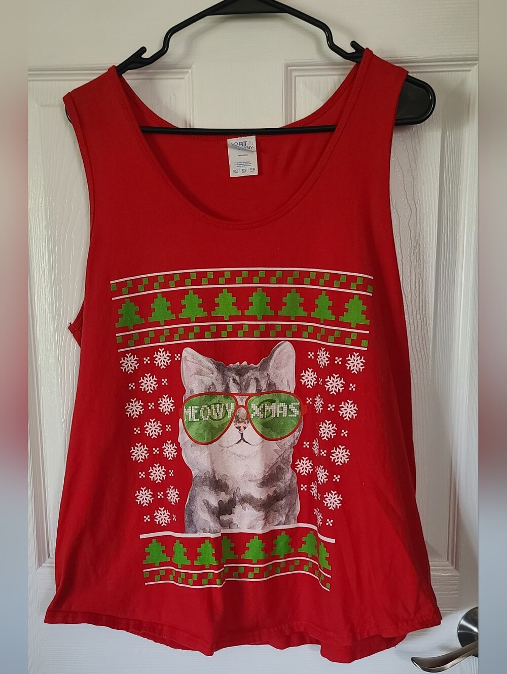 Women's Ugly Christmas Sweater Red Holiday Cat Tank Top